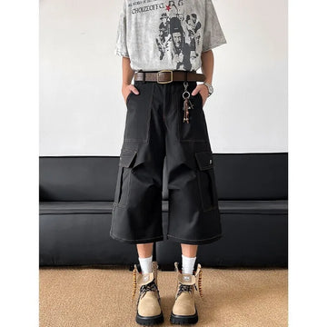 Riolio Summer Casual Pants Men Retro Pocket Cargo Pants Men Japanese Streetwear Hip-hop Loose Wide Leg Pants Mens Cropped Trousers